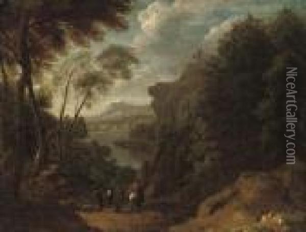 An Extensive Wooded Landscape With Travellers On A Path, A Castle Beyond Oil Painting - Peeter Bout