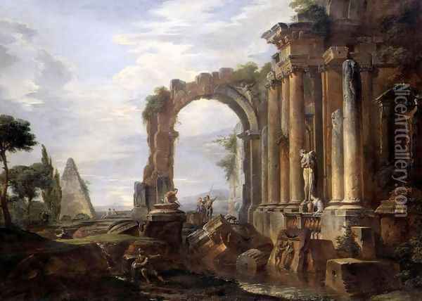 Capriccio of Classical Ruins 1725-30 Oil Painting - Giovanni Paolo Pannini