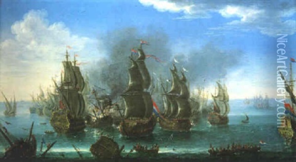 Navires Hollandais Et Anglais Guerroyant Oil Painting - Orazio Grevenbroeck