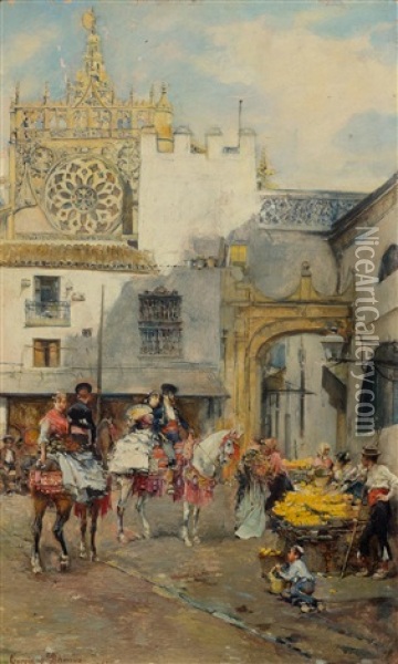 Market Scene With Orange Sellers In Seville Oil Painting - Jose Garcia Ramos