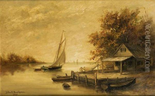 Fishing And Rowing Boarts Offa Jetty Oil Painting - Arthur Edward Blackmore