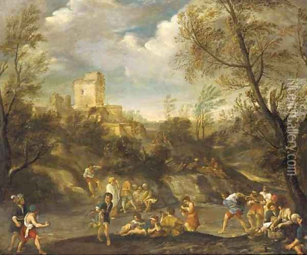 A wooded landscape with figures making merry Oil Painting - Giovanni Francesco Grimaldi
