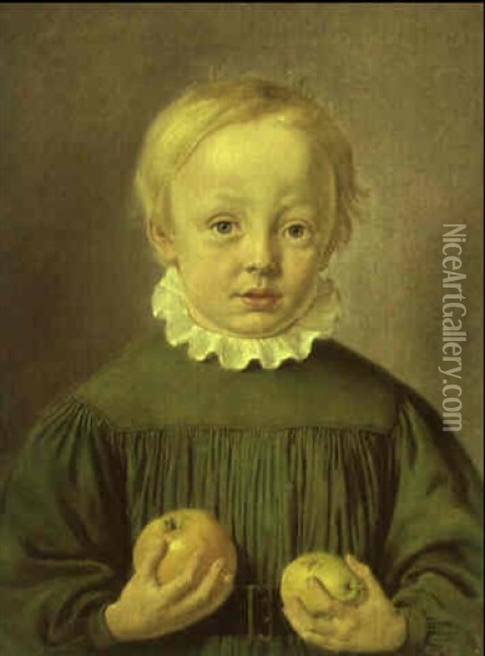 Dreng I Gran Bluse Staende Med Aeble Og Paere Oil Painting - Jorgen Roed