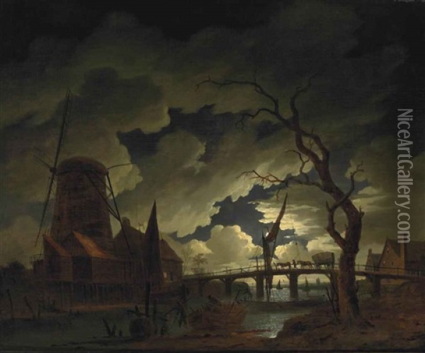 A Moonlit River Landscape With A Windmill, Boats And Figures Oil Painting - Richard (of Liverpool) Wright