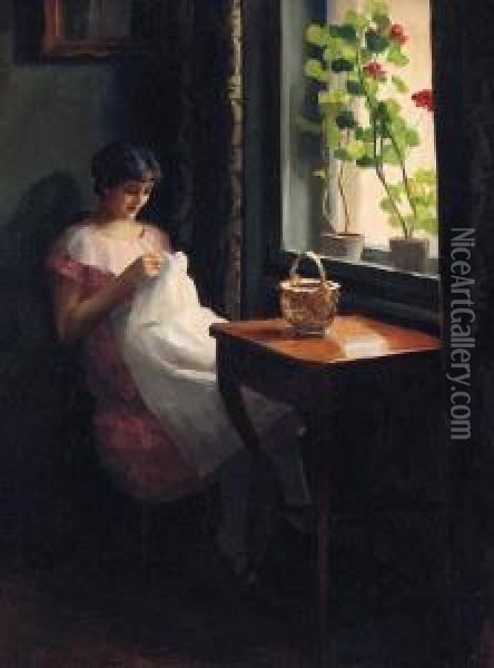 A Girl Sewing By A Sunlit Window Oil Painting - Emil Pap