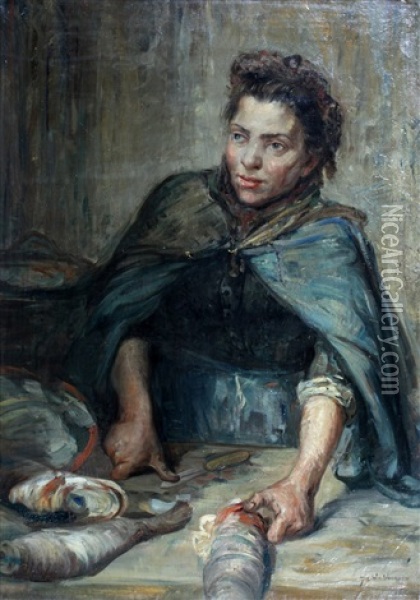Portret Van Een Meisje Dat Vis Schoonmaakt Oil Painting - August Willem van Voorden
