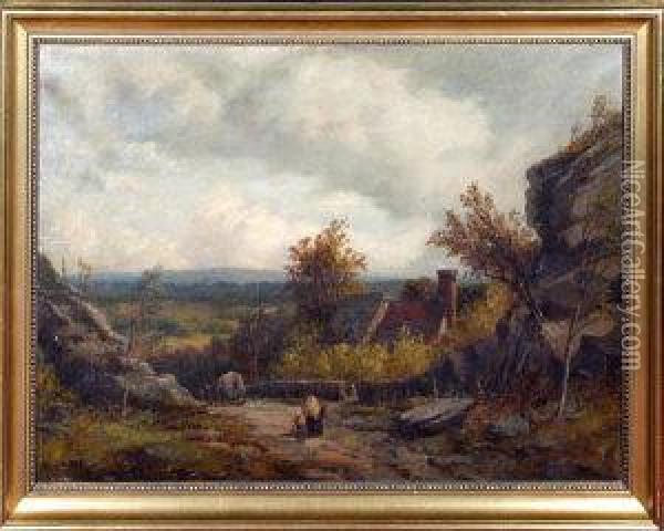 A Mother And Daughter Following A Horsecart Along A Lane Into Avillage Oil Painting - Richard Henry Nibbs