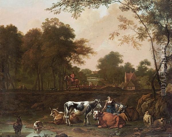 A Milkmaid With Cattle Beside A Stream Oil Painting - Jan Kamphuysen