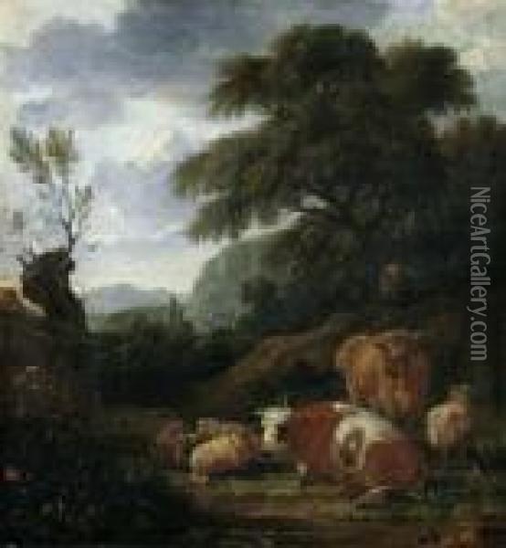 Sudliche Landschaft Mit Lagerndem Vieh Und Hirten. Oil Painting - Simon van der Does