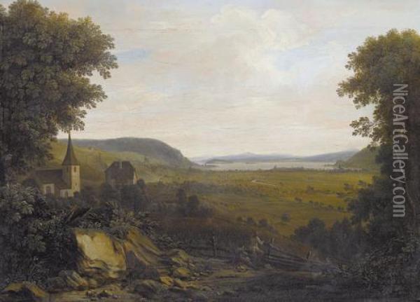 Vue De Cressier Sur L'ile Saint-pierre Oil Painting - Johann Joseph Hartmann