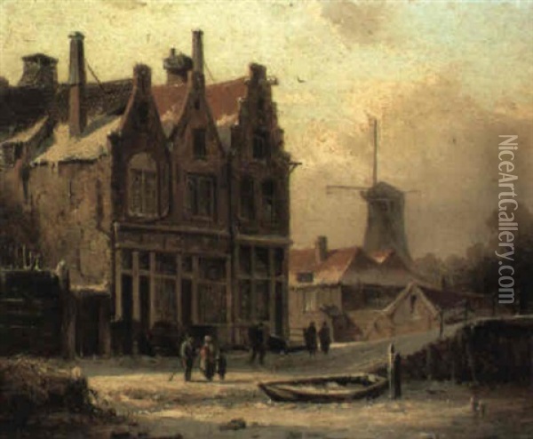 Figures In A Winter Street Scene Before A Canal Oil Painting - Adrianus Eversen