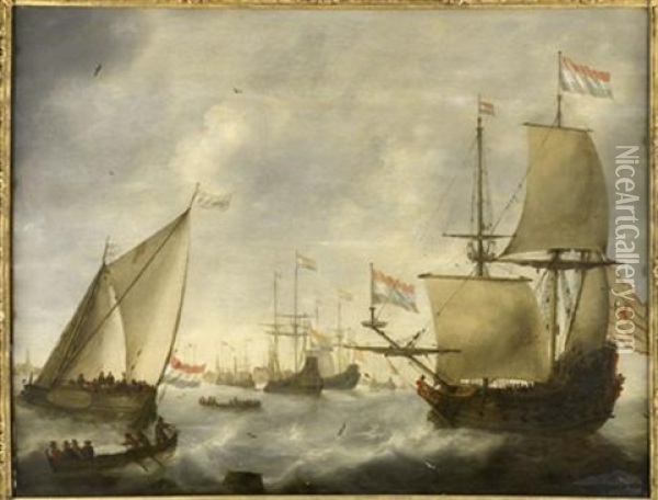 The Dutch Fleet Entering Harbour In Choppy Seas Oil Painting - Jacob Adriaenz. Bellevois