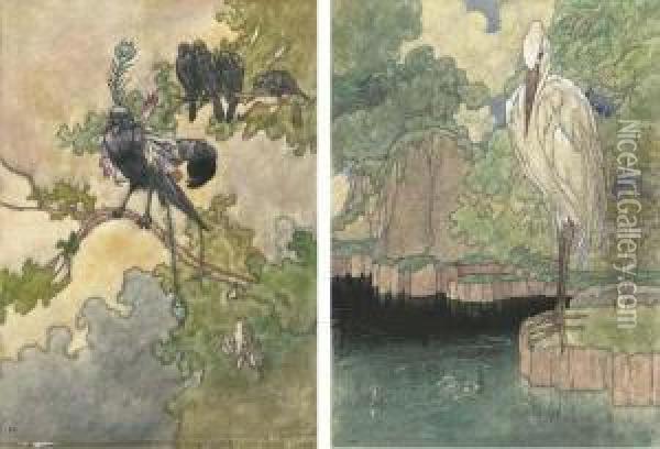 Illustrations For Aesop's 
Fables: The Jackdaw And The Birds; Andthe Heron (both Illustrated) Oil Painting - Charles Robinson