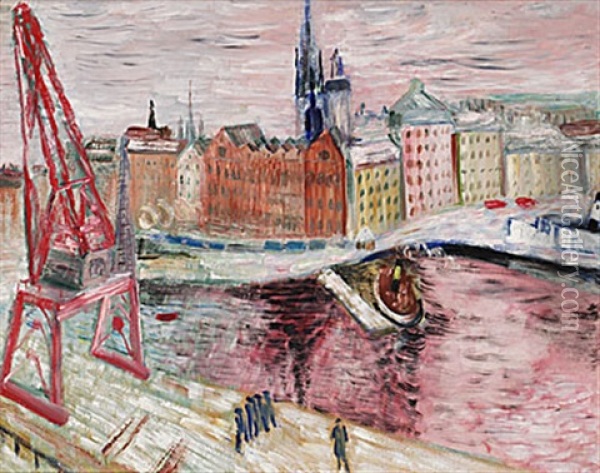 Utsikt Over Skeppsbron - Vinter I Stockholm Oil Painting - Sigrid (Maria) Hjerten