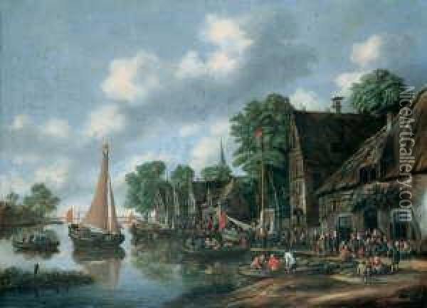 Flusslandschaft. Am Ufer Ein Dorf Mit Zahlreichen Personen. Oil Painting - Thomas Heeremans