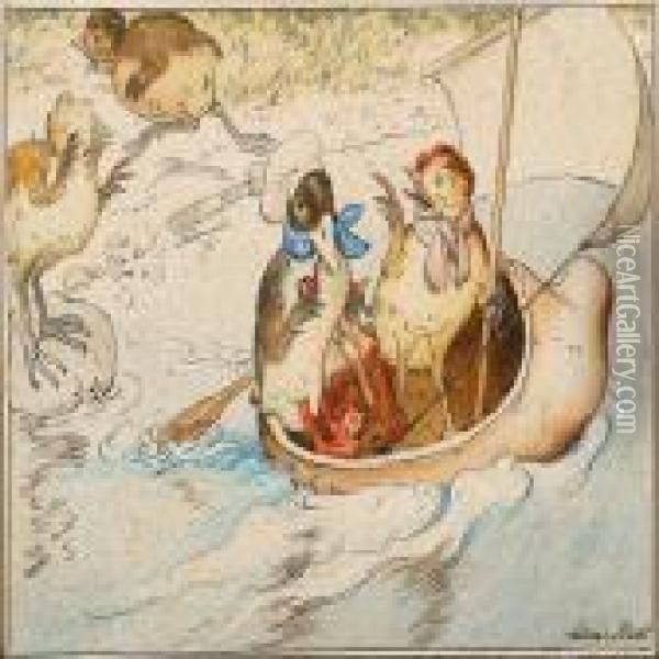A Duck And A Chicken Sailing In A Dutch Wooden Shoe Oil Painting - Louis Moe