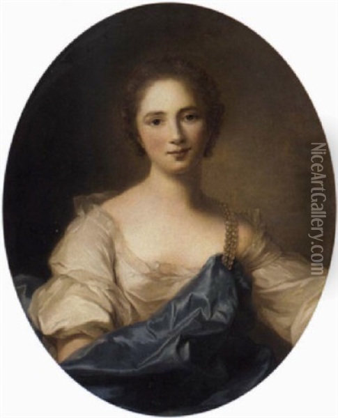 Portrait Of A Lady In A White Dress And A Blue Mantle Oil Painting - Jean Baptiste Nattier