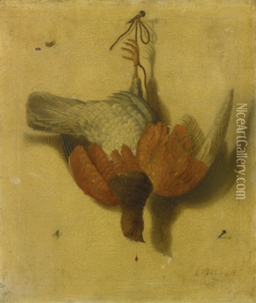A Trompe-l'oeil Still Life Of A Game Bird Suspended From A Nail Oil Painting - Jacobus Biltius