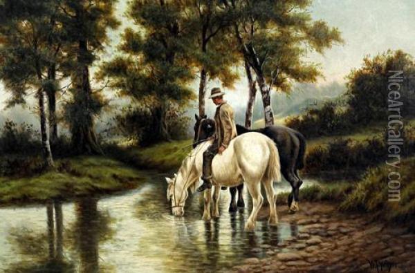 'evening' - Rider And Horses Watering At A Stream Oil Painting - William Perring Hollyer