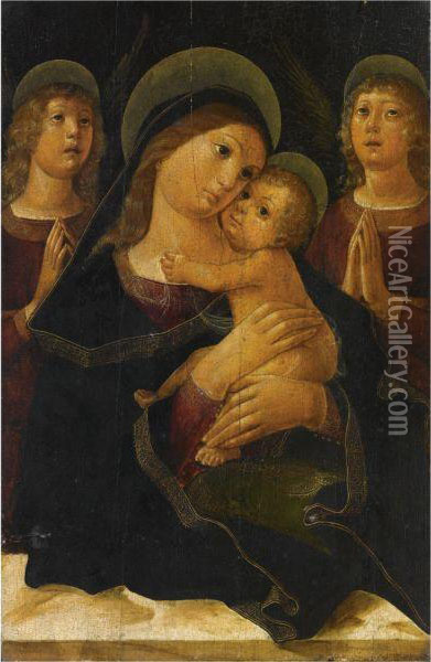 Madonna Che Abbraccia Il Bambino E Due Angeli Oil Painting - Liberale Da Verona