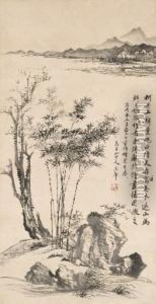 Bamboo And Rock Oil Painting - Hui Wang