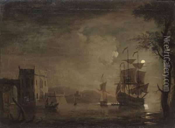 An English Warship Drifting Down The River Under The Cover Of Darkness Oil Painting - Regnier Remigius Zeeman /