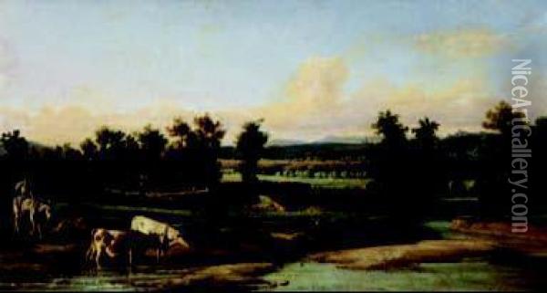 Paesaggio Con Fiume E Mucche Oil Painting - Lorenzo Gelati