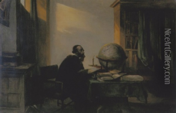 Interieur Met Man En Een Globe Oil Painting - Jan Hendrik van de Laar