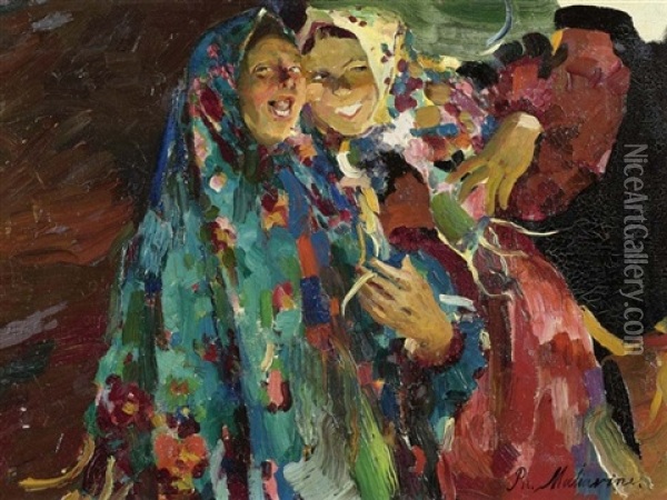 Zwei Lachende Madchen Oil Painting - Filip Malyavin