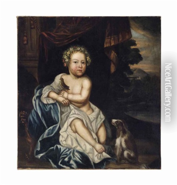 Portrait Of A Young Boy In A White And Blue Wrap, A Bird Resting On His Hand, A Spaniel At His Side, In A Landscape Oil Painting - Robert Byng