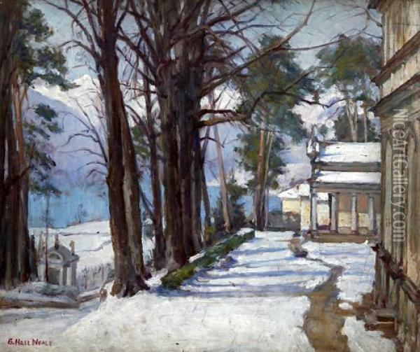 Trees And Buildings In Snow Oil Painting - George Hall Neale