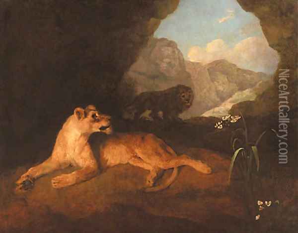 A lion and lioness in a cave Oil Painting - George Stubbs