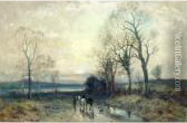 Returning Home In A Wintery Sunset Oil Painting - William Manners