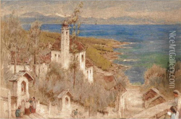 Italian Coastal Village Oil Painting - Albert Goodwin
