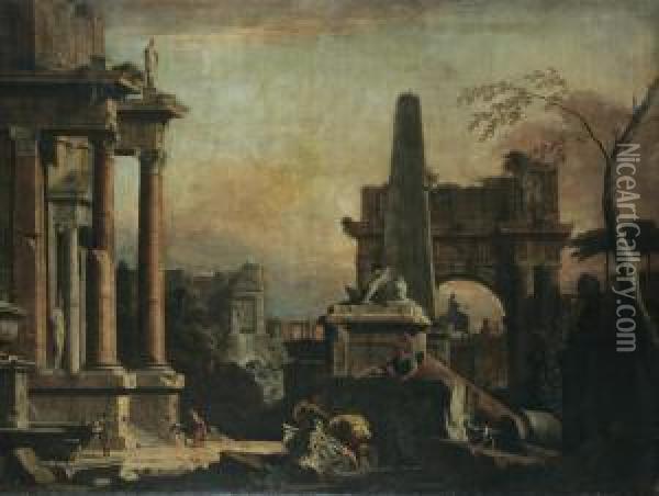 A Capriccio Of Classical Roman Ruins Oil Painting - Sebastiano Ricci