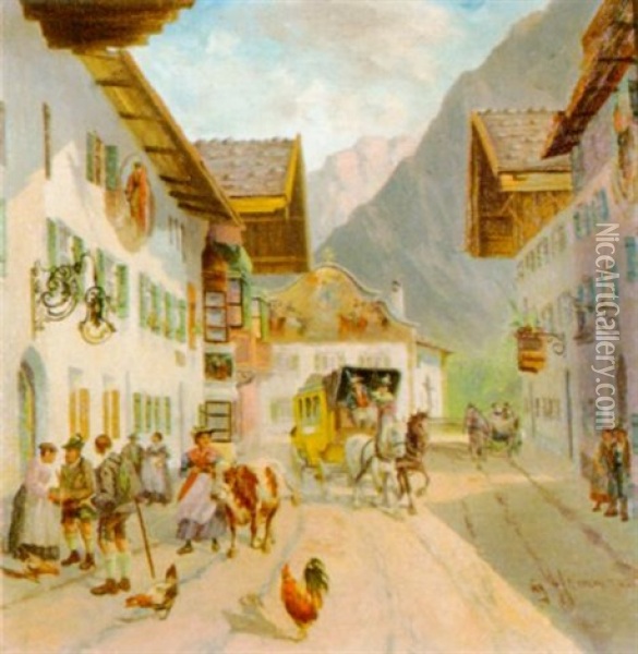 Ankunft Der Postkutsche In Mittenwald Oil Painting - Georg Hemmrich