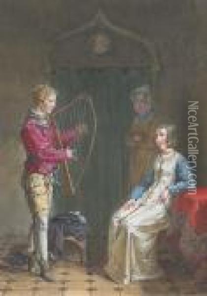 Un Jeune Homme Jouant De La 
Harpe Devant Une Femme Et Une Servantedans Un Interieur Gothique Oil Painting - Jean-Baptiste Mallet