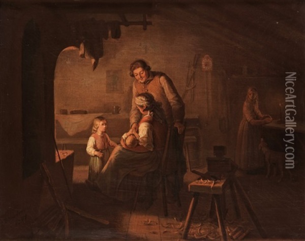 Interior With A Family In Front Of The Fireplace Oil Painting - Bengt Nordenberg