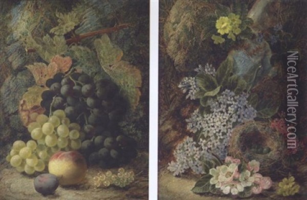 Still Life Of Grapes And Other Fruits On A Mossy Bank Oil Painting - Oliver Clare
