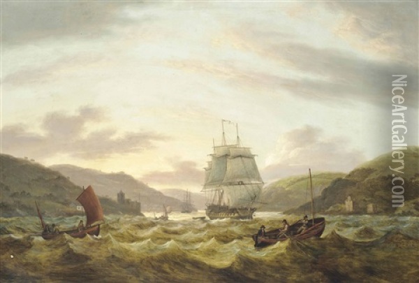 A Royal Navy Frigate Emerging From The Dart Estuary At Dusk With Dartmouth Castle Seen Off Her Stern Quarter Oil Painting - Thomas Luny