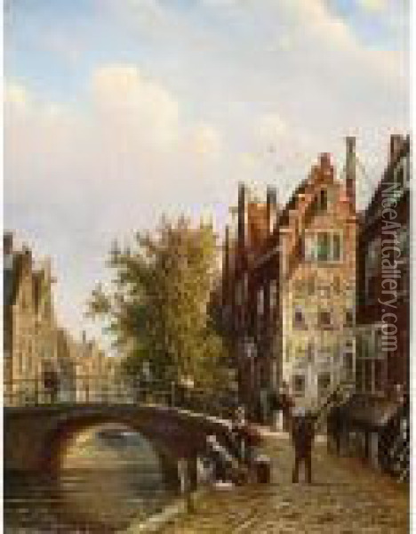 A Dutch Town With Figures On A Canal Oil Painting - Johannes Franciscus Spohler