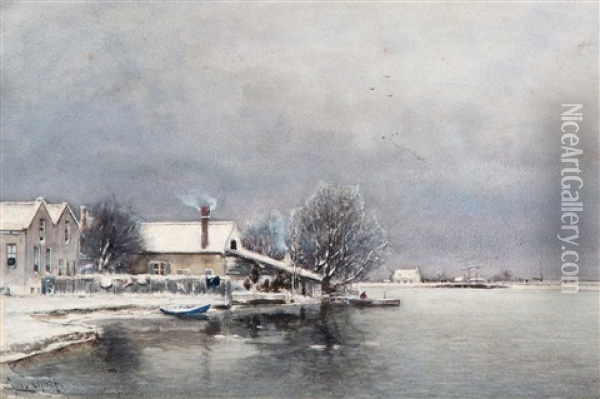 A Cold Winter Day At The Lakeside Oil Painting - Louis Apol