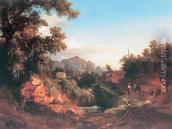 Lovers in Italian Landscape 1853 Oil Painting - Karoly Marko