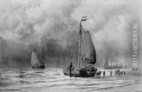 Fishermen Unloading Beached Bomschuiten Oil Painting - George Laurens Kiers