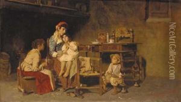 An Artisan's Family In An Interior Oil Painting - Giuseppe Costantini