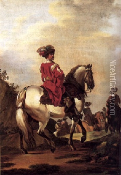 A Man On Horseback In Elegant Costume, Others Beyond Oil Painting - Francesco Giuseppe Casanova