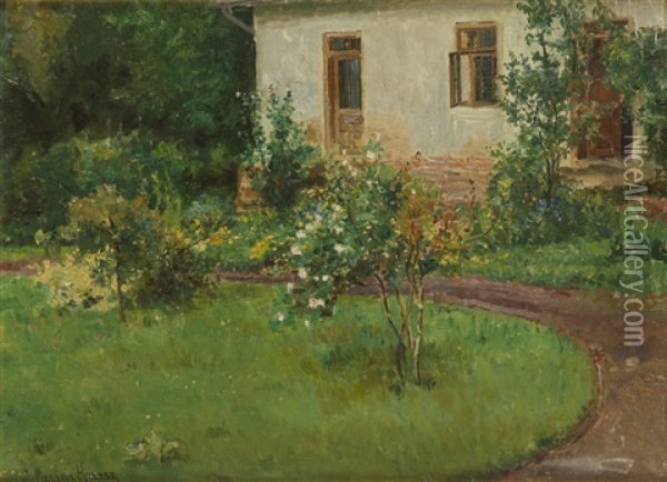 In Front Of A House Oil Painting - Jozef Krzesz-Mecina