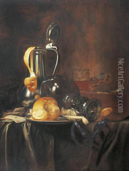 Still Life With Pewter Jug, Rummer, Bread Roll And Pipe On A Plate,with Cards And Pipe On A Draped Table Cloth. Oil Painting - Simon Luttichuys