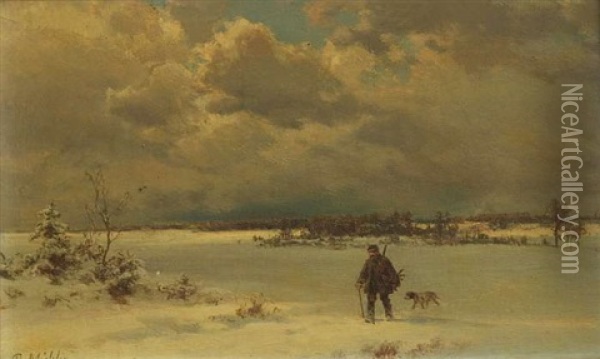 Wanderer Mit Hund In Winterlandschaft Oil Painting - Bernhard Muehlig