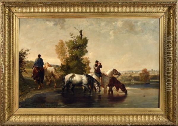 Cavaliers Faisant Boire Leurs Chevaux Oil Painting - Jules Jacques Veyrassat